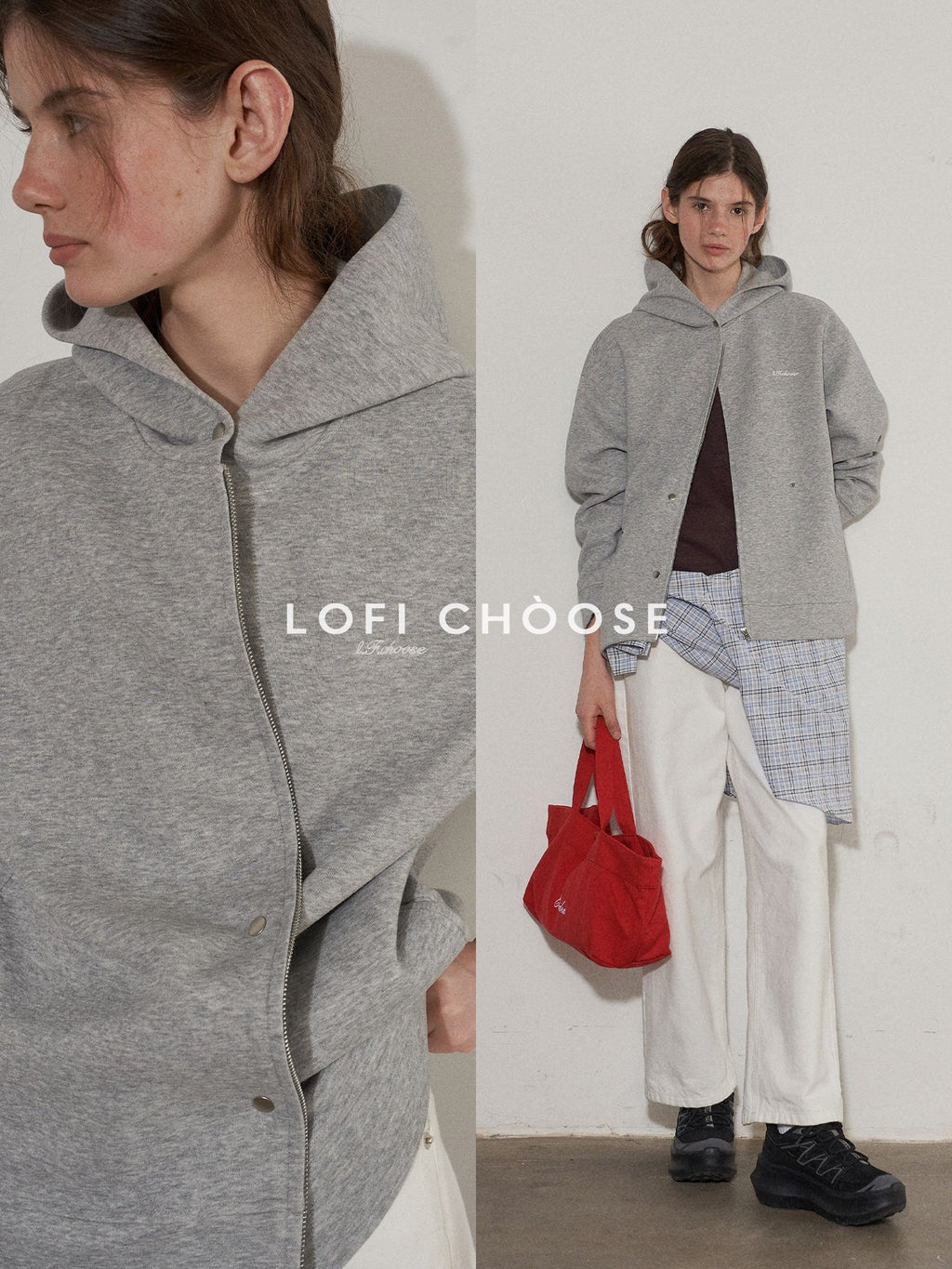 Lofi choose Soft Cotton Blend Loose Fit Button Front Commuter Grey Oversized Hoodie