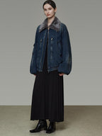 unspoken Warm Cotton Blend Loose Commuter Zipper Fur Collar Blue Gray Denim Jackets