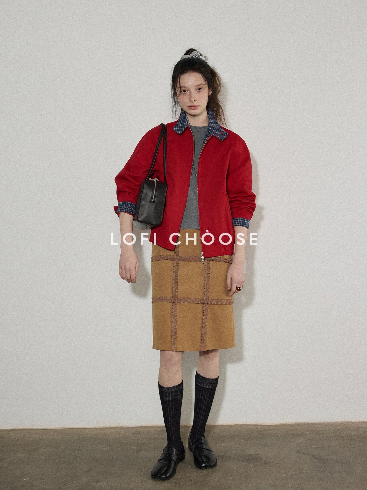 Lofi choose Pure Cotton Office Loose Raglan Zipper Plaid Women Khaki Cropped Jackets