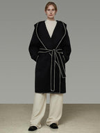unspoken Cozy Minimalist Commuter Loose Hooded Midlength Women Black Tie Wool Coats