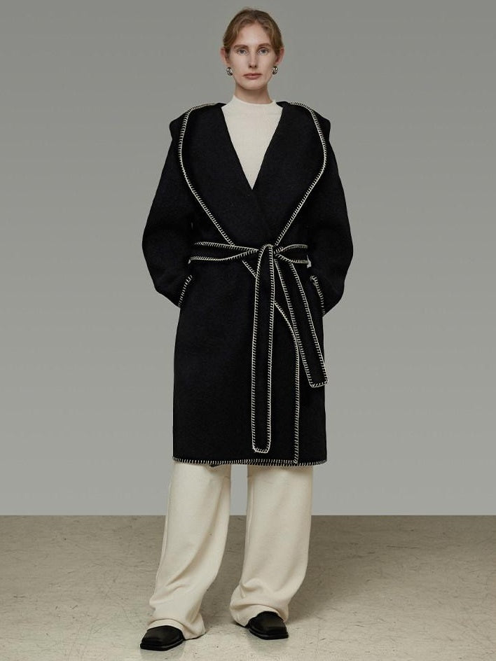 unspoken Cozy Minimalist Commuter Loose Hooded Midlength Women Black Tie Wool Coats