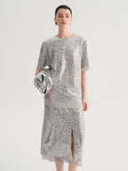 audreyyang Sparkling Sequin Casual Loose Fit Women Crew Neck Top & Skirt Sets