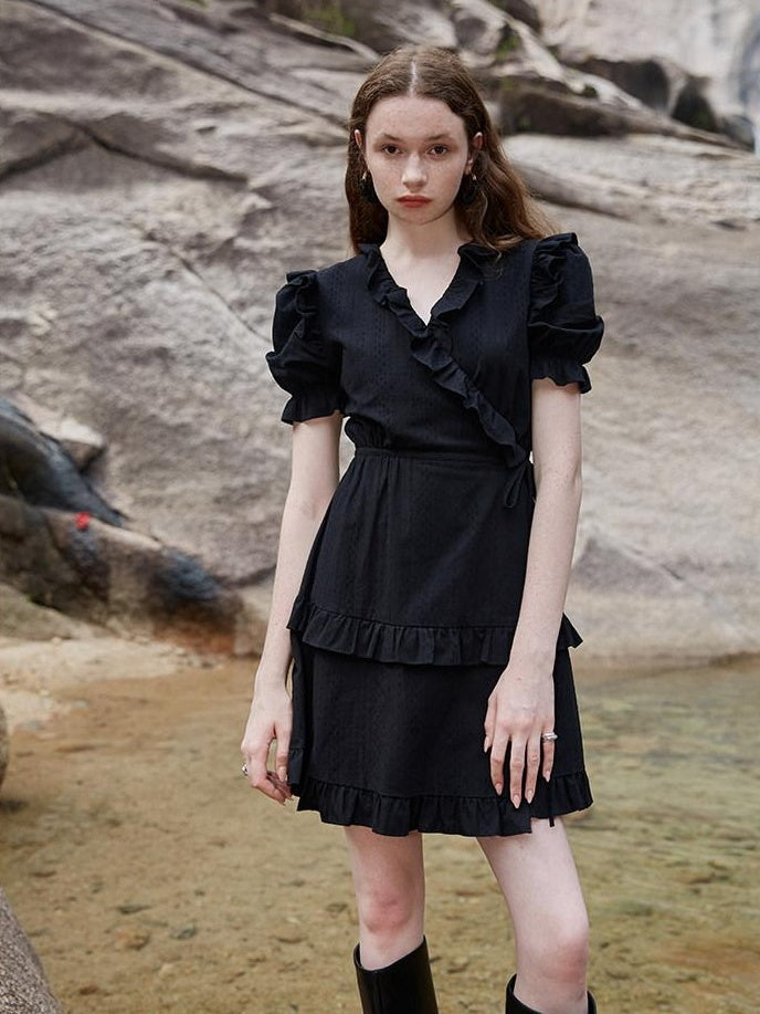 fano High Waist Tie A Line Cotton V-neck Puff Sleeves Casual Work Women Midi Dresses