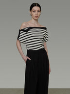unspoken Soft Cotton Knit Striped Loose Minimalist Women Bardot Off Shoulder Crop Tops