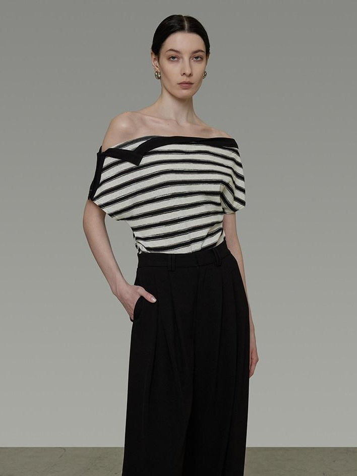 unspoken Soft Cotton Knit Striped Loose Minimalist Women Bardot Off Shoulder Crop Tops