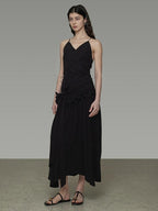 unspoken Ultra Soft Tencel A Line Cinched Waist Minimalist Commuter Black Maxi Dresses