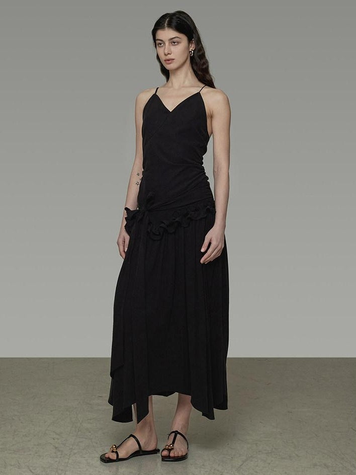 unspoken Ultra Soft Tencel A Line Cinched Waist Minimalist Commuter Black Maxi Dresses