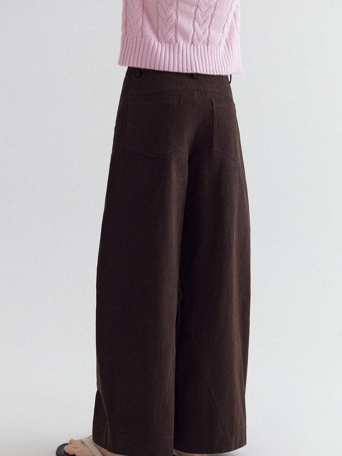 fano High Waist Cotton Warm Minimal Commuter Pocket Button Women Brown Wide Leg Pants