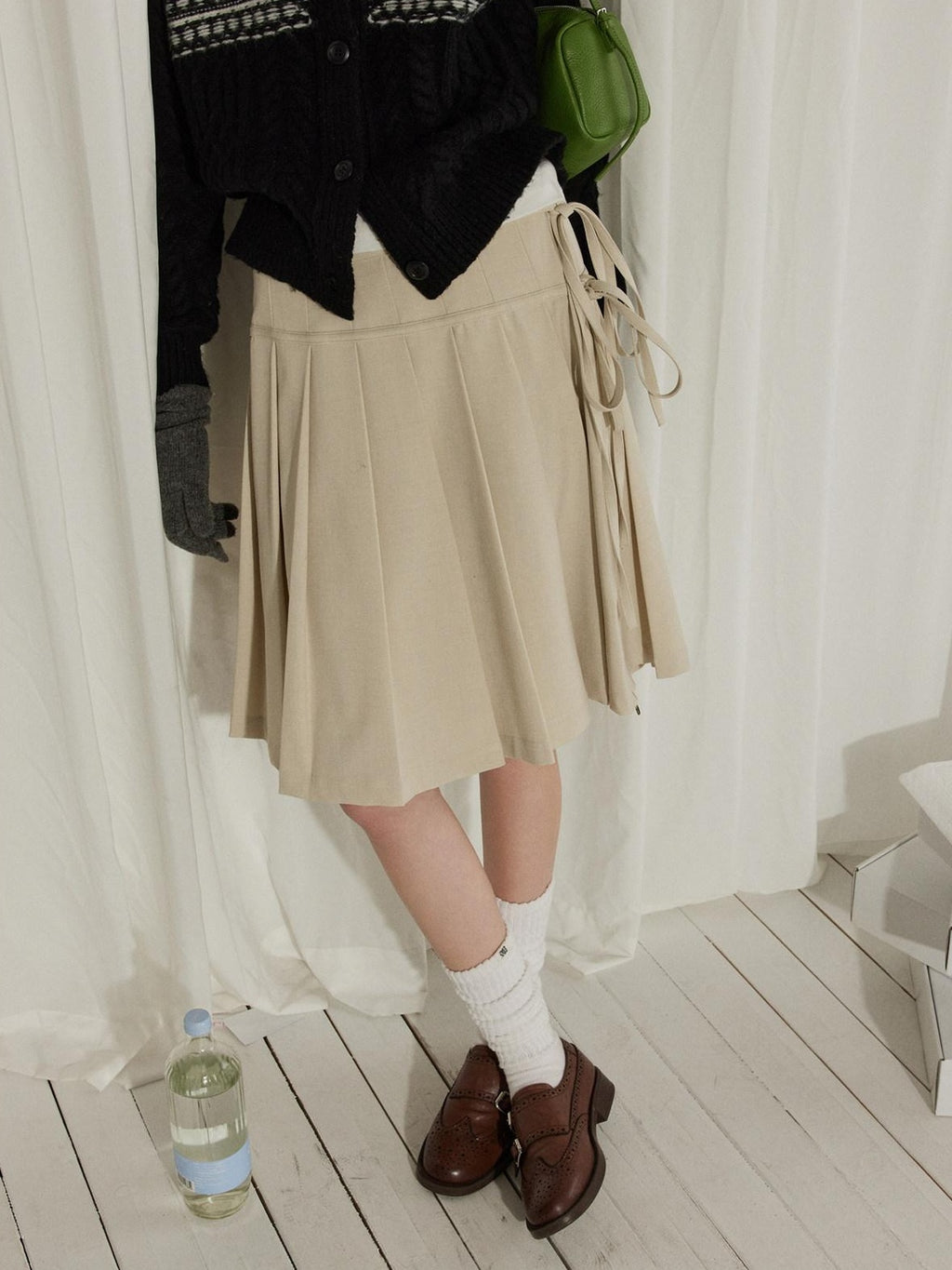 Lofi choose High Waist Vintage Pleated A Line Girly Office Apricot Polyester Midi Skirts