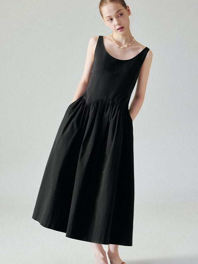 fano Pure Cotton U Neck Sleeveless A Line Korean Office Dress Women Black Maxi Dresses