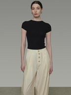 unspoken High Waist Lyocell Blend Pleated Button Minimal Workwear Wide Leg Pants
