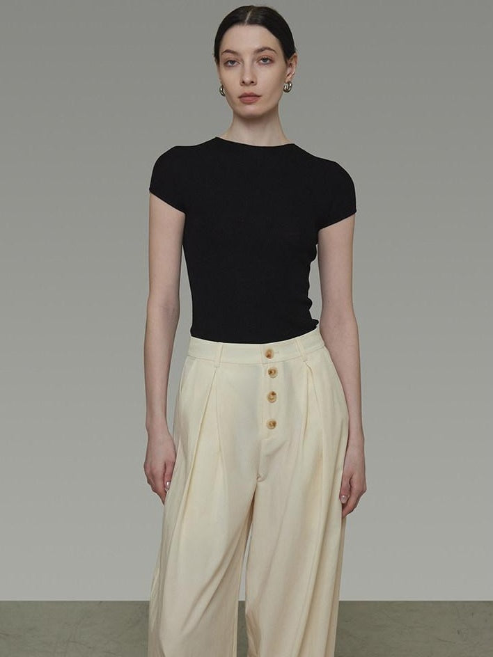 unspoken High Waist Lyocell Blend Pleated Button Minimal Workwear Wide Leg Pants