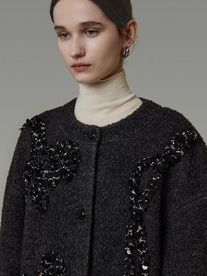 unspoken Warm 3D Embellished Loose Minimalist Commuter Long Women Deep Gray Wool Coats
