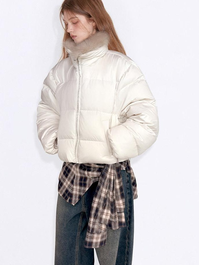 fano 90 Percent White Duck Down Warm Short Stand Collar Plaid Women Down Jackets