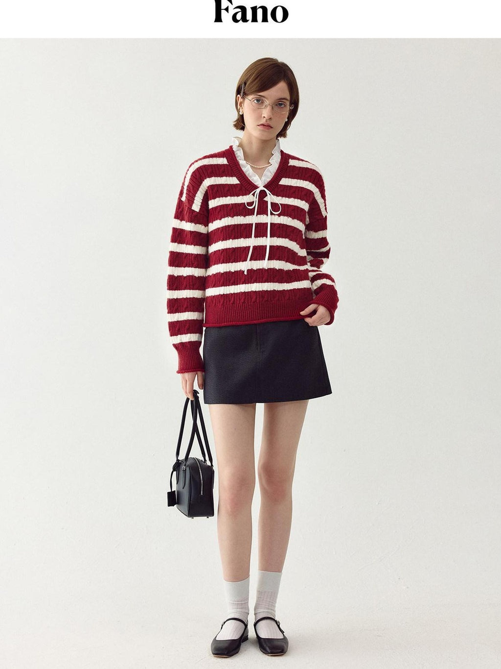 fano Ruffle Detail Loose Fit Commuter V-neck Long Sleeve Striped Women Sweaters