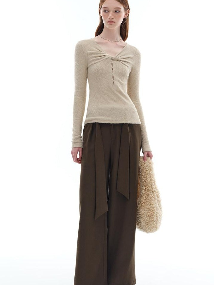someonesometimes Soft Stretch V-neck Cutout Slim Fit Knit For Women Apricot Long Sleeve T-Shirts
