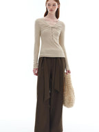 someonesometimes Soft Stretch V-neck Cutout Slim Fit Knit For Women Apricot Long Sleeve T-Shirts
