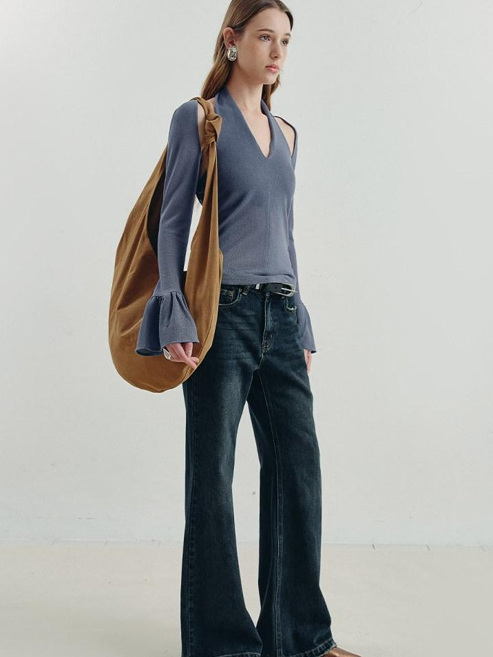 someonesometimes Vintage Washed Low Rise Distressed Denim Stretch Women Deep Indigo Flared Jeans