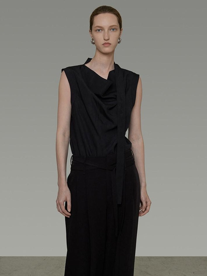 unspoken Breathable Viscose Tie Neck Sleeveless Loose Commuter Chic Women Black Blouses