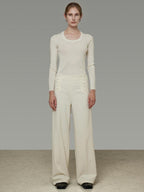 unspoken Breathable High Waist Button Detail Minimal Womens Office White Wide Leg Pants