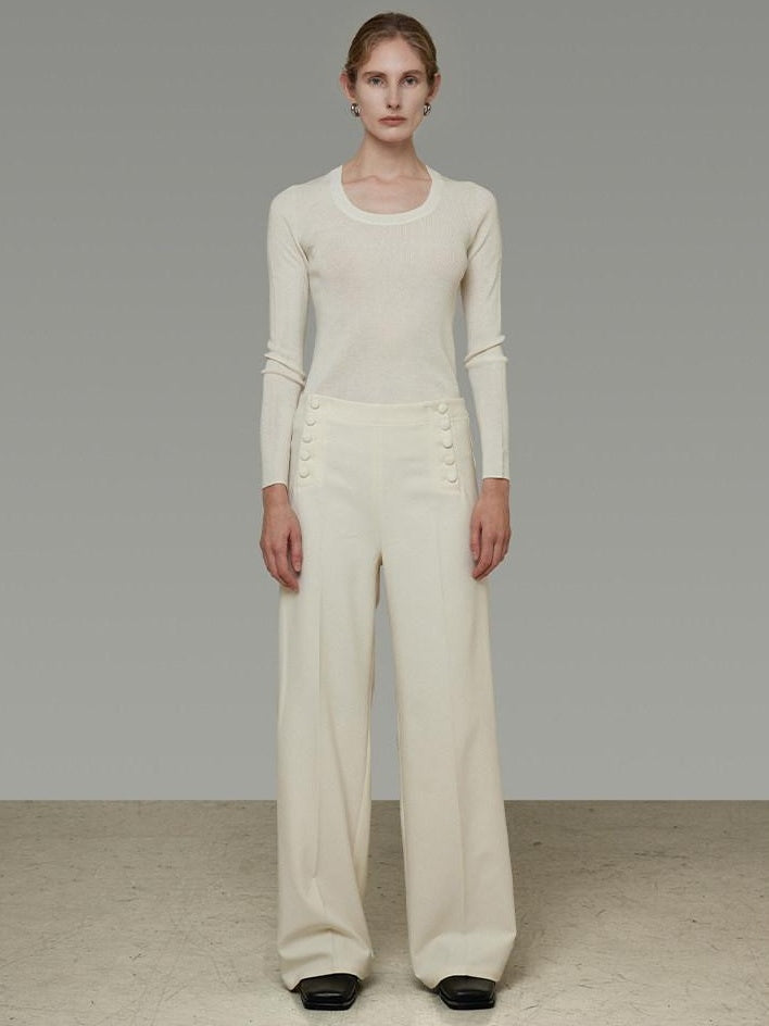 unspoken Breathable High Waist Button Detail Minimal Womens Office White Wide Leg Pants