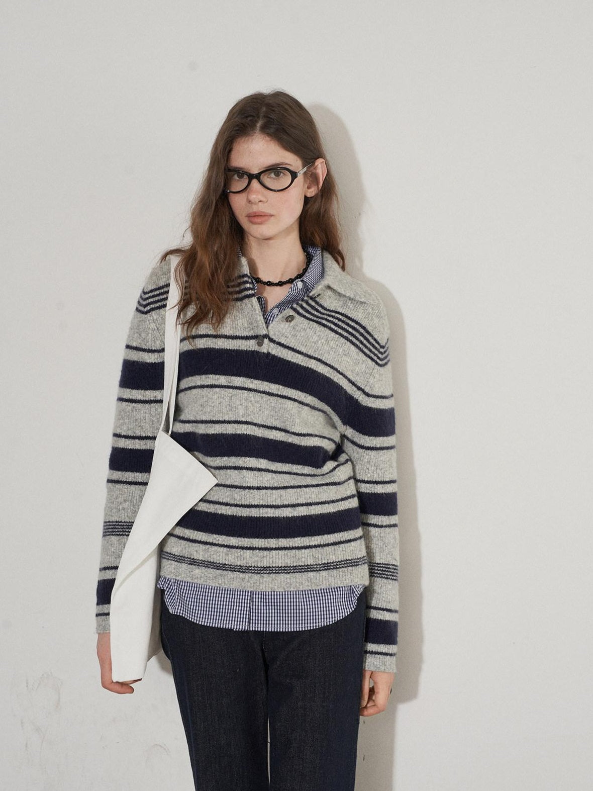 Lofi choose Soft Acrylic Wool Blend Striped Polo Collar Loose Fit Office Knitwear Sweaters