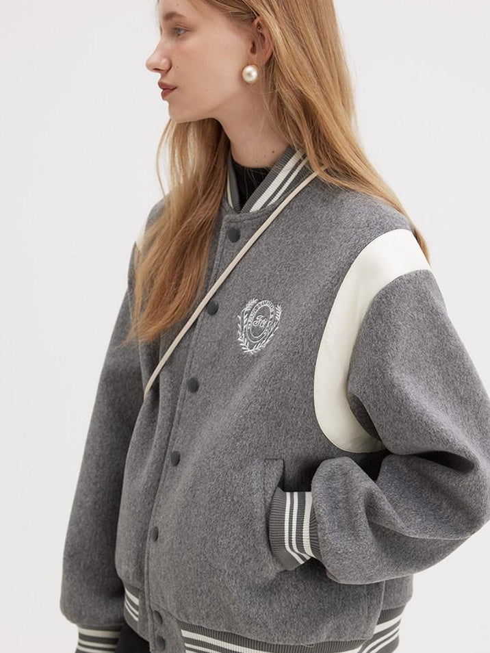 fano Embroidered Relaxed Fit Commuter Colorblock Crew Neck Women Bomber Jackets