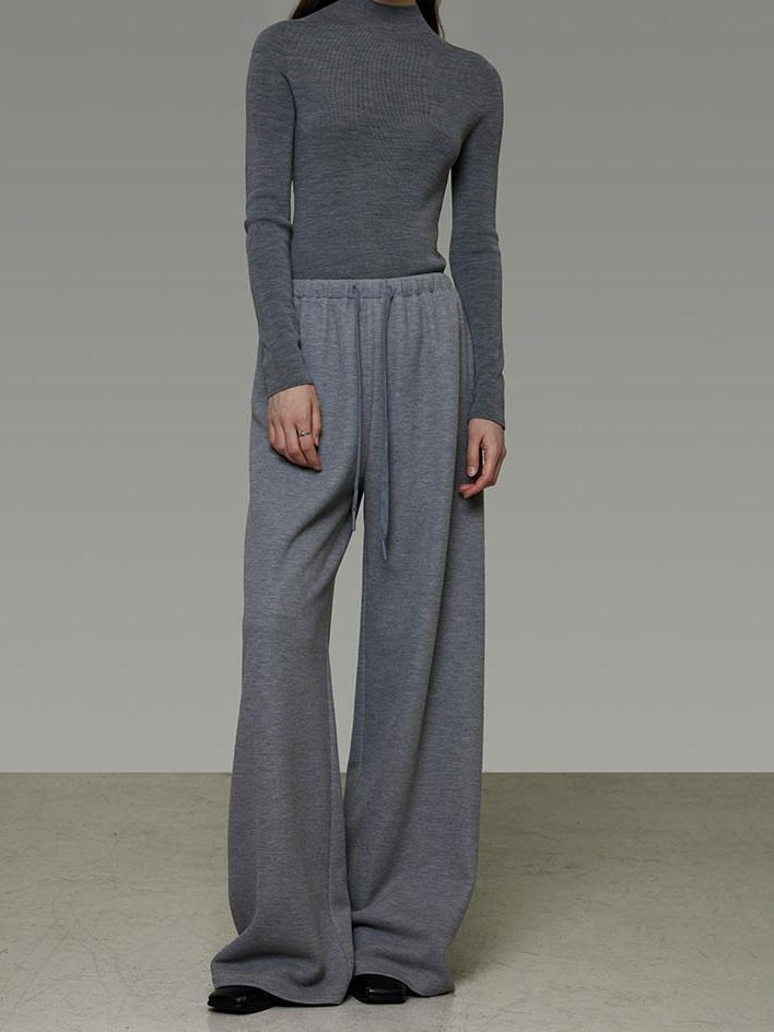 unspoken Breathable High Rise Tie Waist Office Solid Light Gray Poly Blend Wide Leg Pants