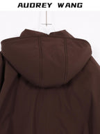 audreyyang Warm 90% White Duck Down Zip Loose Fit Detachable Hood Burgundy Brown Hoodie