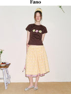 fano Slim Cotton Floral Office Chic Women Round Neck Long Sleeve Crop Tops