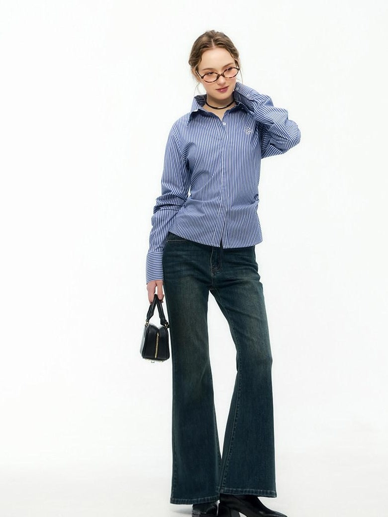 ikyou Embroidered Striped Slim Fit Commuter Long Sleeve Collared Cotton Shirts