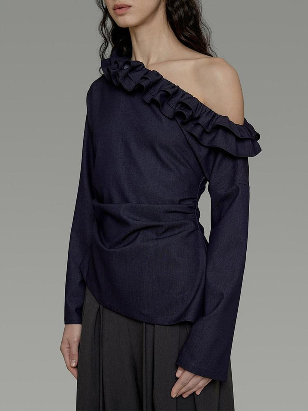 unspoken Warm Slanted Collar Loose Fit Long Sleeve Office Dark Blue Polyester Blouses
