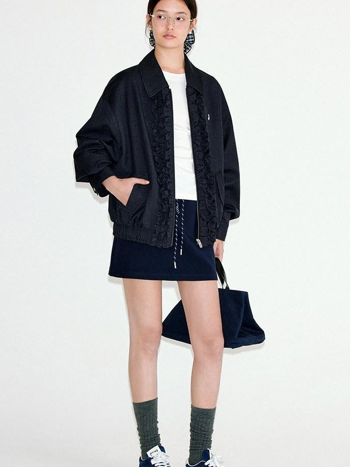 fano Vintage Black Grey Plaid Ruffle Loose Fit Viscose Zipper Women Bomber Jackets