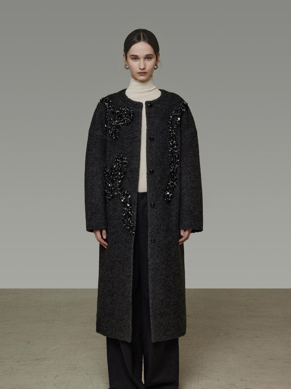 unspoken Warm 3D Embellished Loose Minimalist Commuter Long Women Deep Gray Wool Coats
