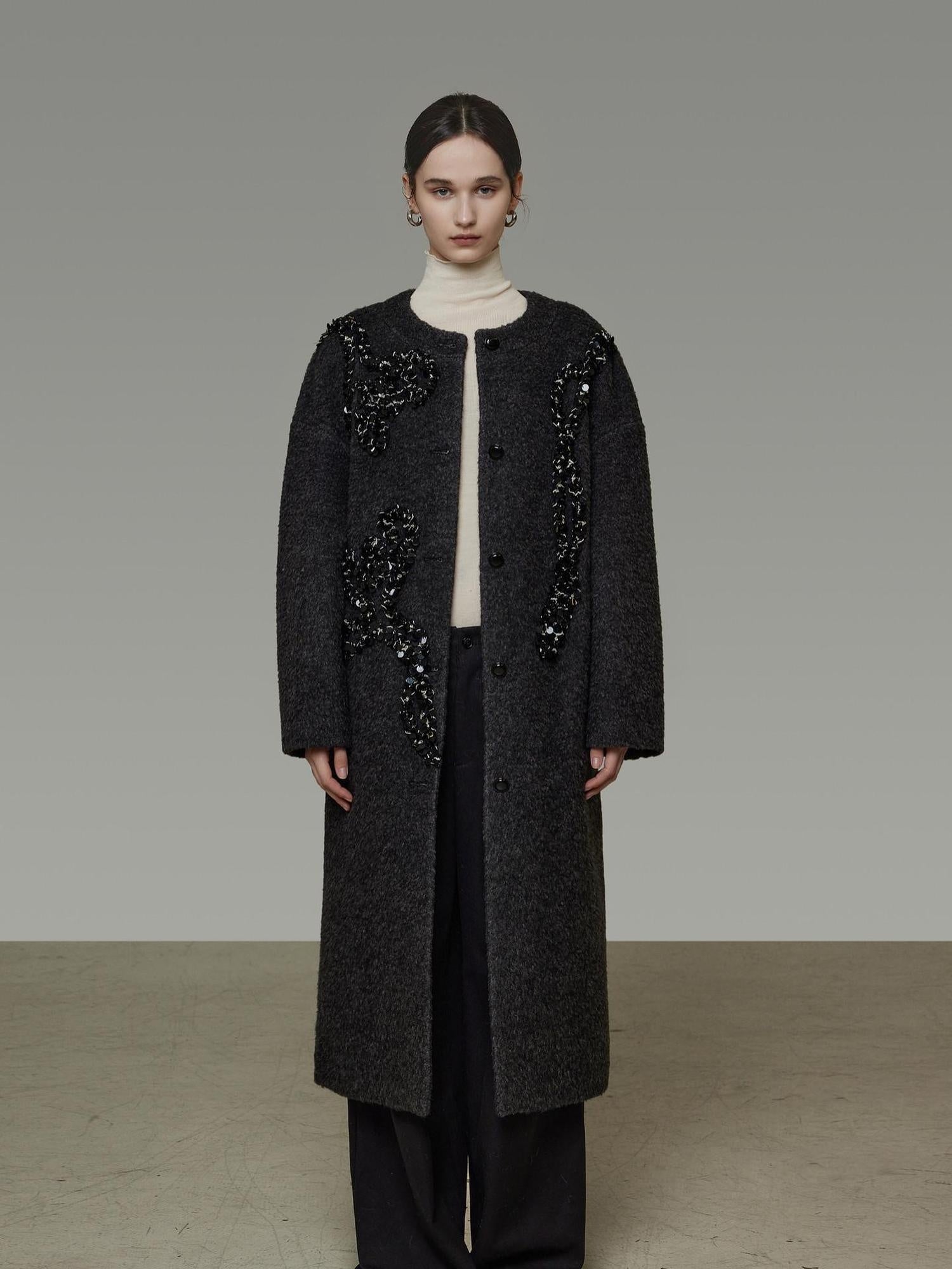 unspoken Warm 3D Embellished Loose Minimalist Commuter Long Women Deep Gray Wool Coats