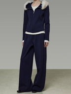 unspoken Warm Slim Fit Zip Hooded Cardigan High Waist Commuter Polyester Navy Lounge Sets