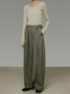 unspoken Sexy High Waist Striped Drawstring Straight Hem Office Breathable Wide Leg Pants