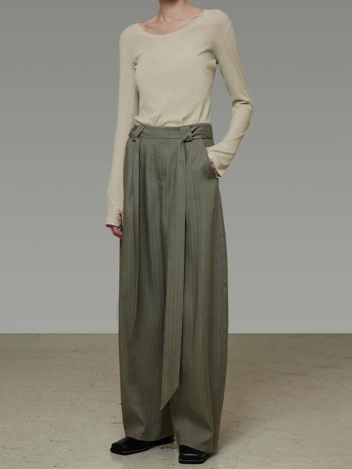unspoken Sexy High Waist Striped Drawstring Straight Hem Office Breathable Wide Leg Pants