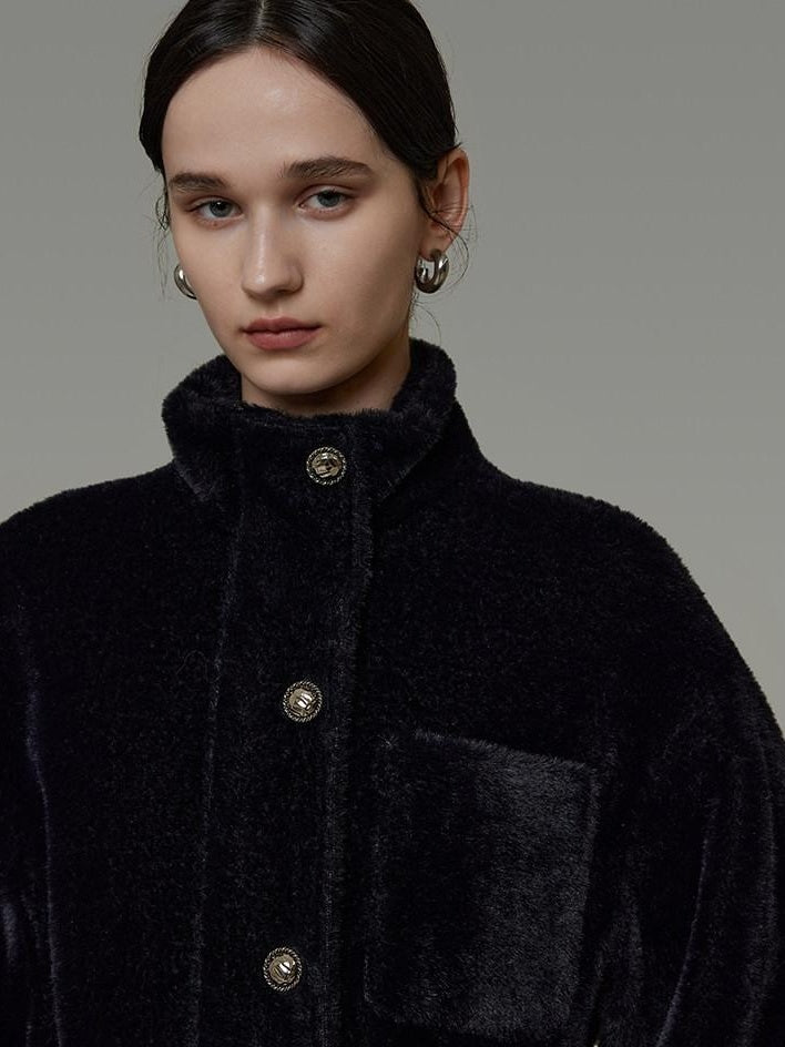 unspoken Thick 3D Tailored Slim Stand Collar Women Black Single Breasted Short Coat