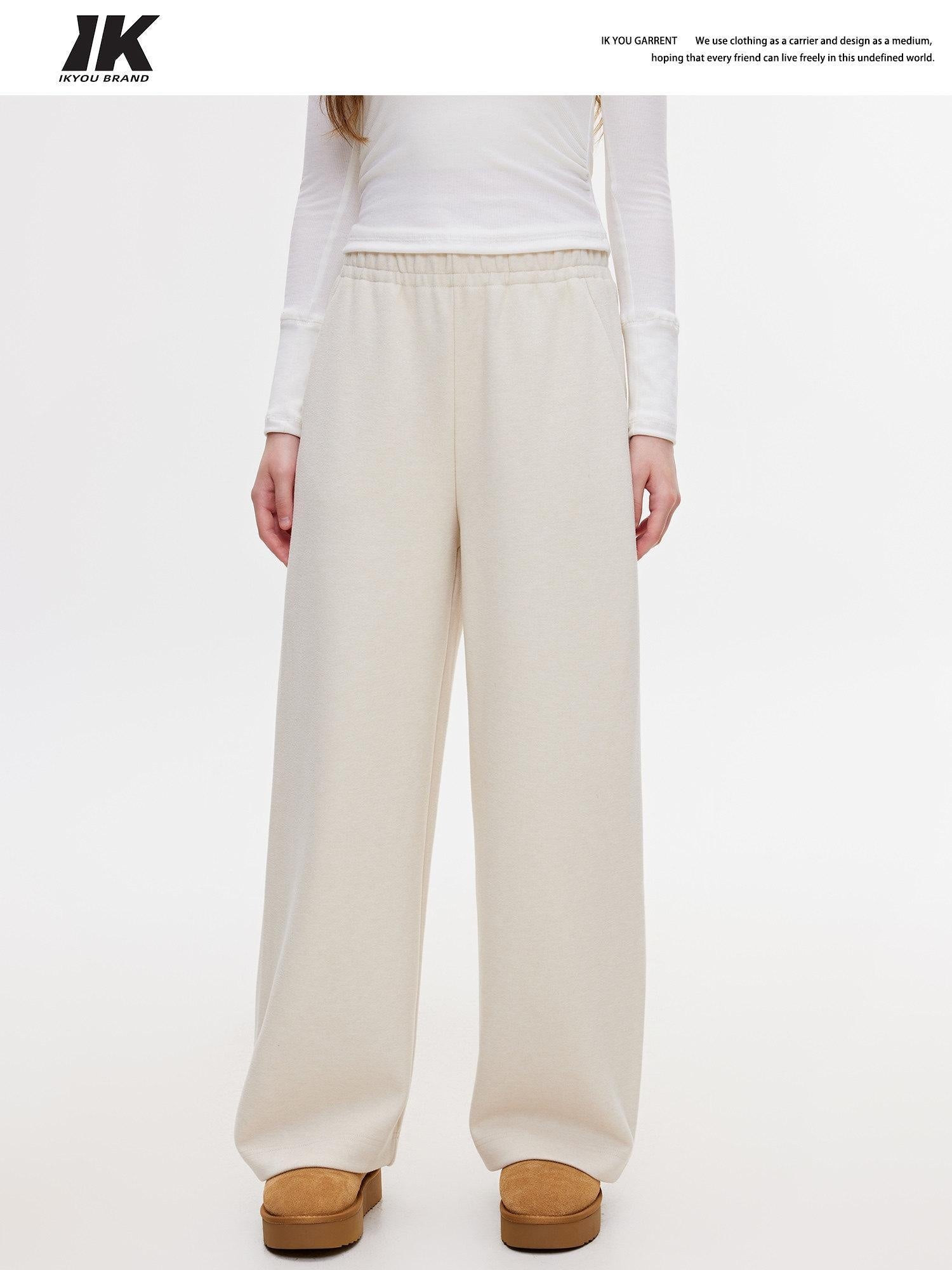 ikyou Wrinkle Resistant Asymmetric High Waist Loose Straight Commuter Beige Sweatpants