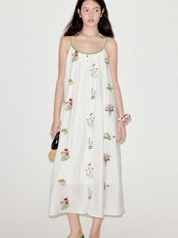 fano Viscose Linen Blend Printed A Line Sleeveless Camisole Young Women Maxi Dresses