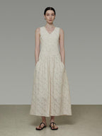 unspoken Elegant Jacquard V-neck High Waist A Line Sleeveless Work Off White Maxi Dresses