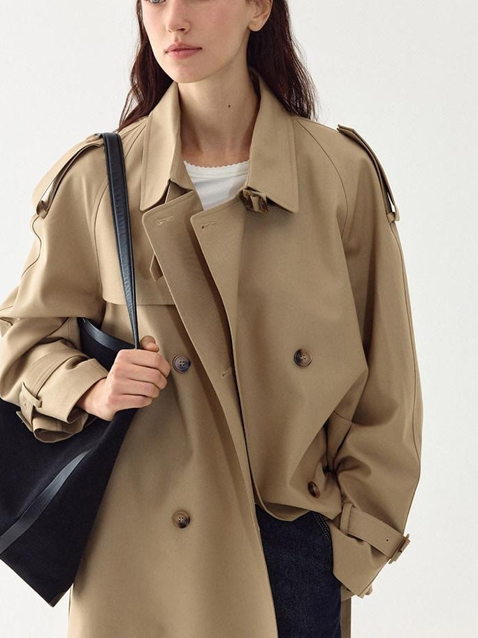 fano Double Breasted Short Loose Fit Commuter For Women Khaki Pink Beige Trench Coats