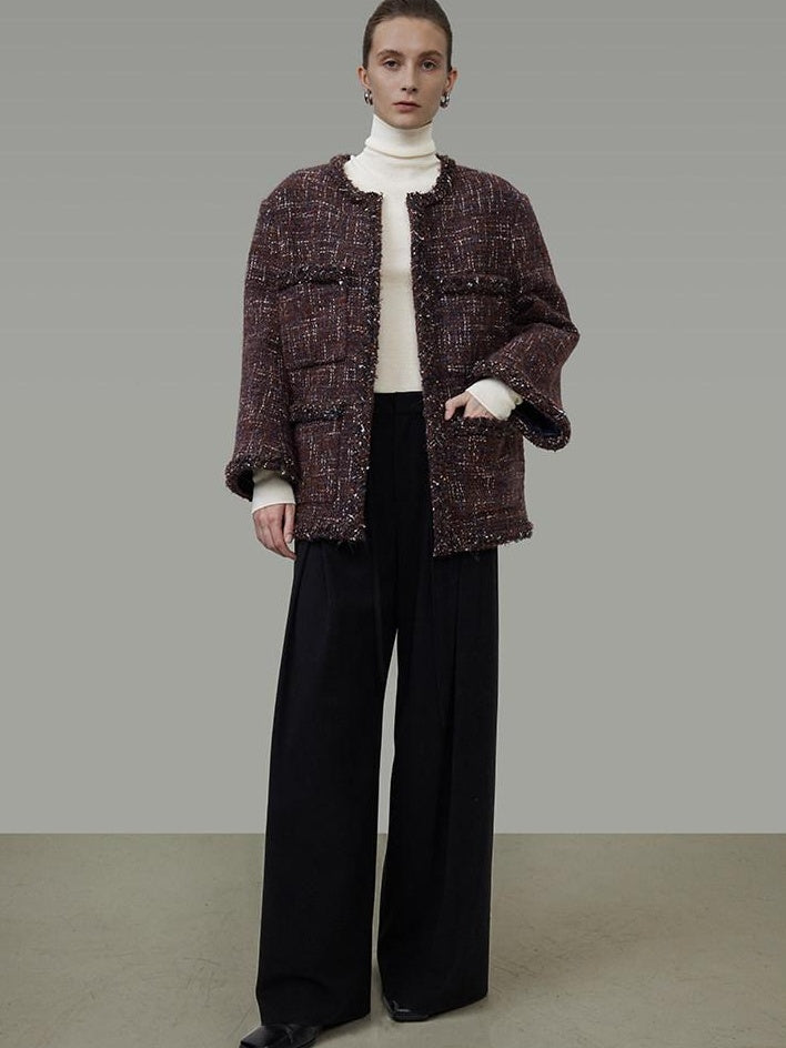unspoken Warm Wool Blend Button Front Round Neck Relaxed Fit Office Women Short Coat