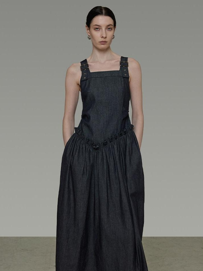 unspoken Minimalist Pleated Cinched Waist Cotton A Line Strap Dress Women Maxi Dresses