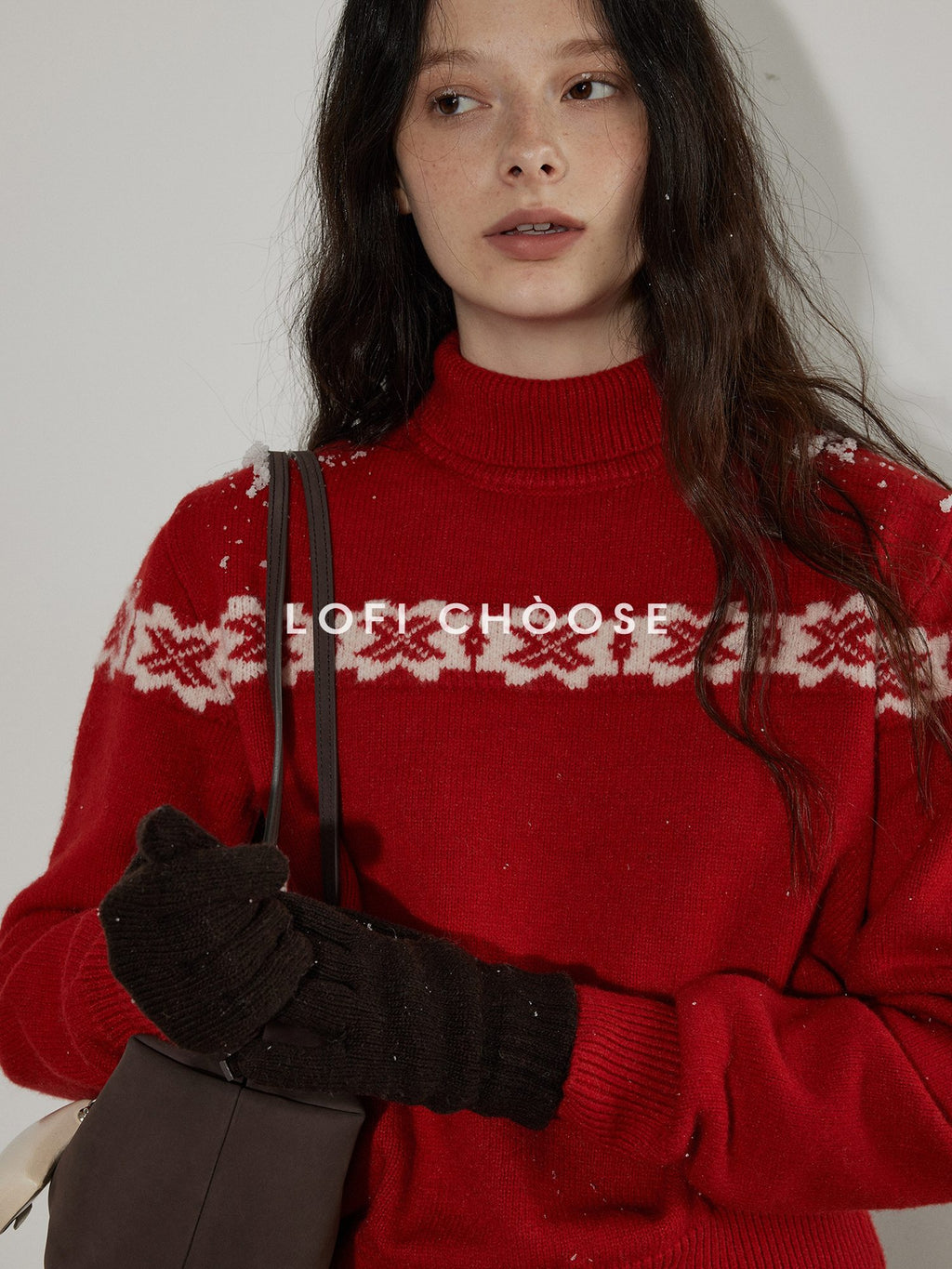 Lofi choose Cozy Wool Knit Office Loose Fit Mock Neck Long Sleeve Red Sweaters