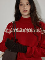 Lofi choose Cozy Wool Knit Office Loose Fit Mock Neck Long Sleeve Red Sweaters