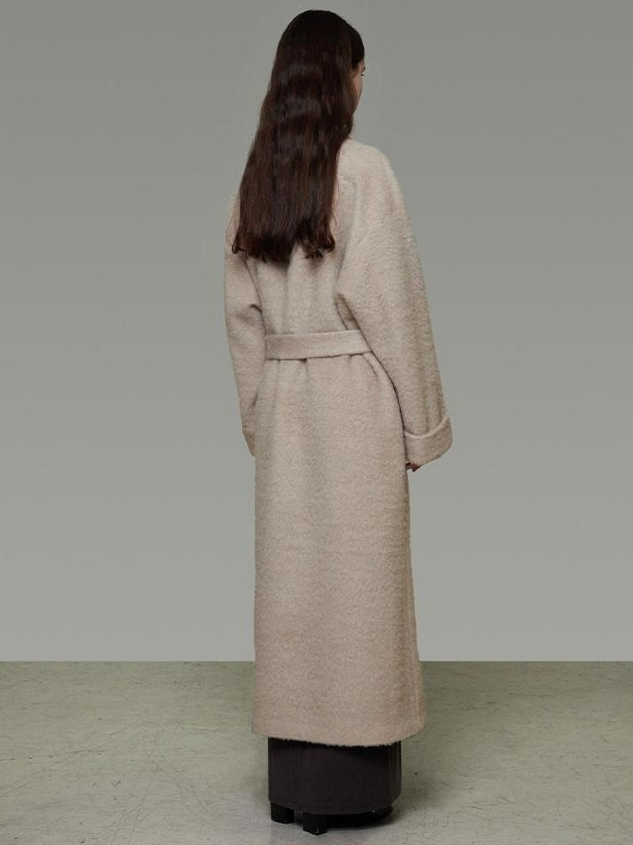 unspoken Cozy Sheepswool Belted Loose Fit Minimal Office V-neck Mid Length Wool Coats