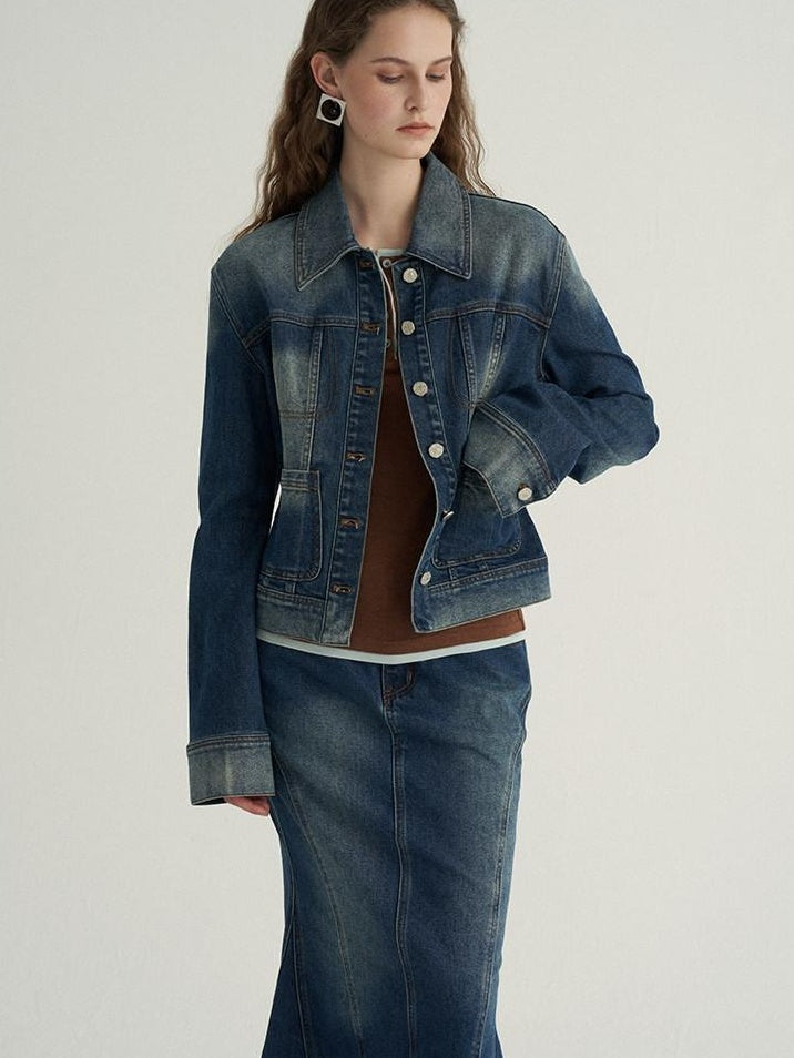 someone sometimes High Cotton Denim Blue Long Sleeve Collared Buttoned Women Top & Skirt Sets