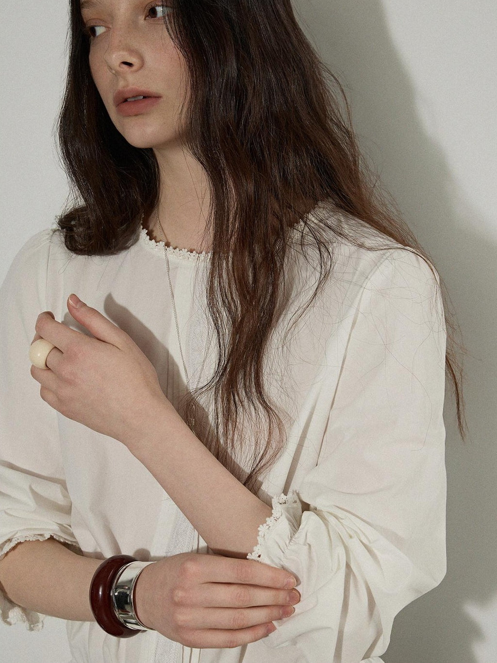 Lofi choose Pure Cotton Lace Trim Office Loose Fit Round Neck Long Sleeve Women Blouses